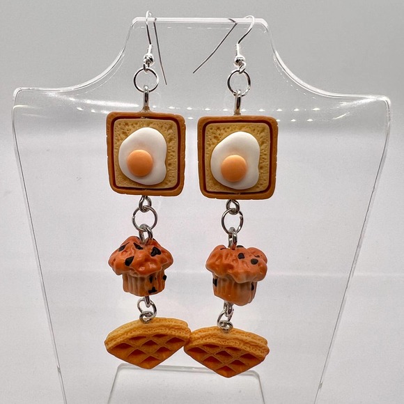 Breakfast Chain Earrings - Food Earrings - Eggs, Toast, Muffin, Waffle Earrings - Picture 1 of 11